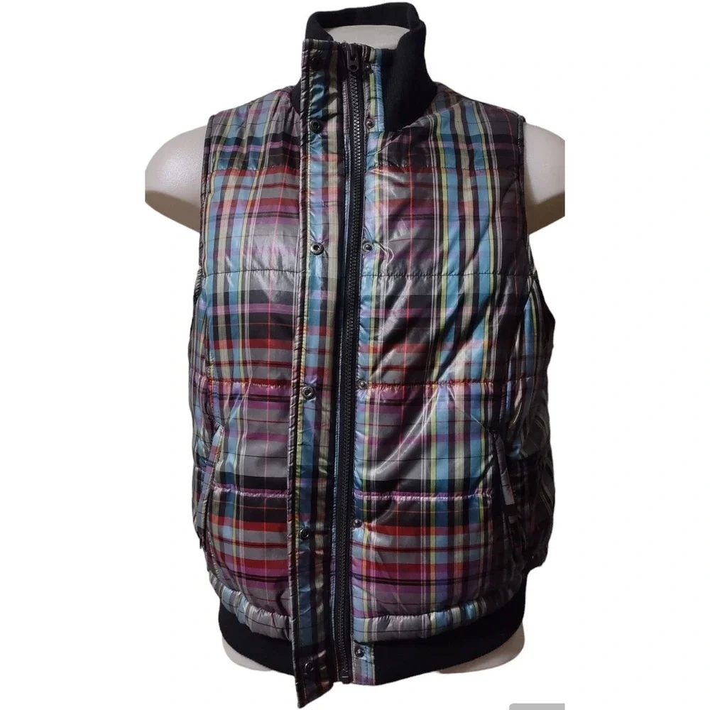 CJ Banks Vest Size X Woman's Plaid Puffer Full Zip With Covered Snap Zip Pockets